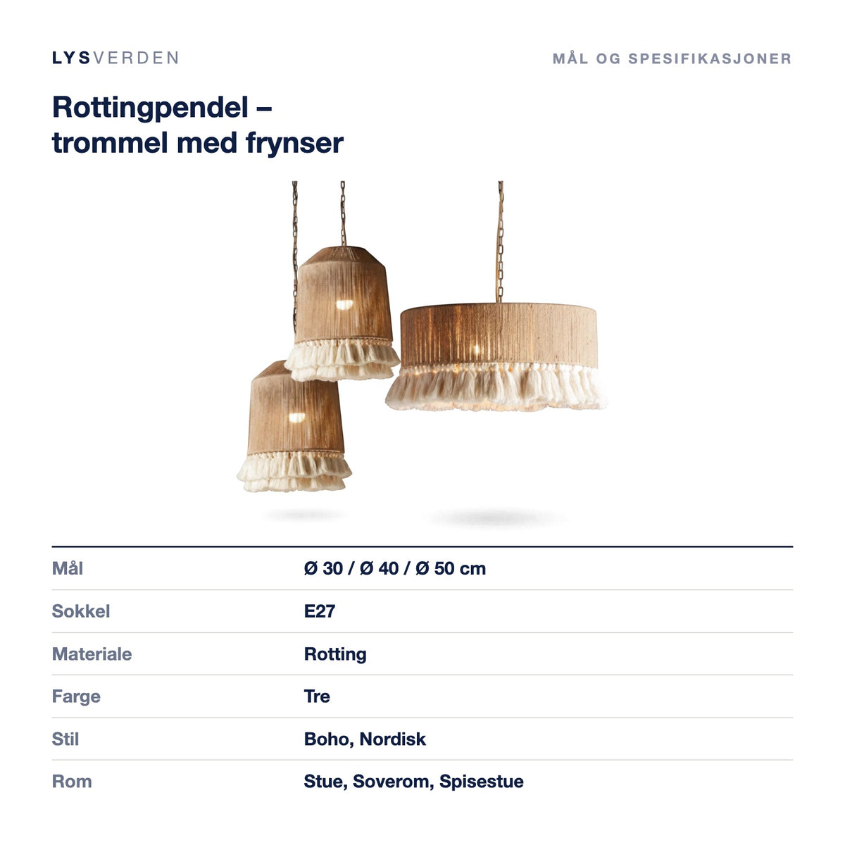 Rottingpendel – trommel med frynser – mål og spesifikasjoner