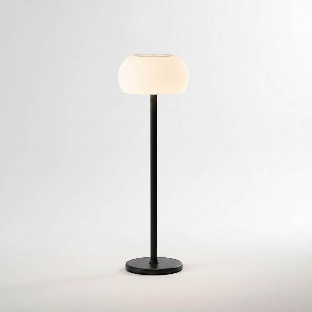 Lysverden Bell portable table lamp in black aluminum with frosted PMMA shade, touch control, dimmable, 3000K warm light, IP54 waterproof.