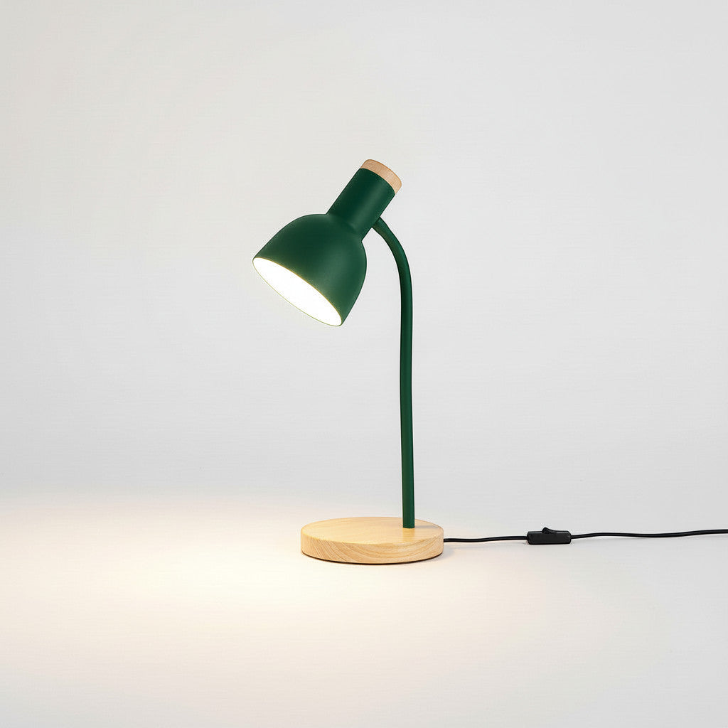 Lysverden green metal desk lamp with flexible arm and wood base, E27 socket, adjustable shade