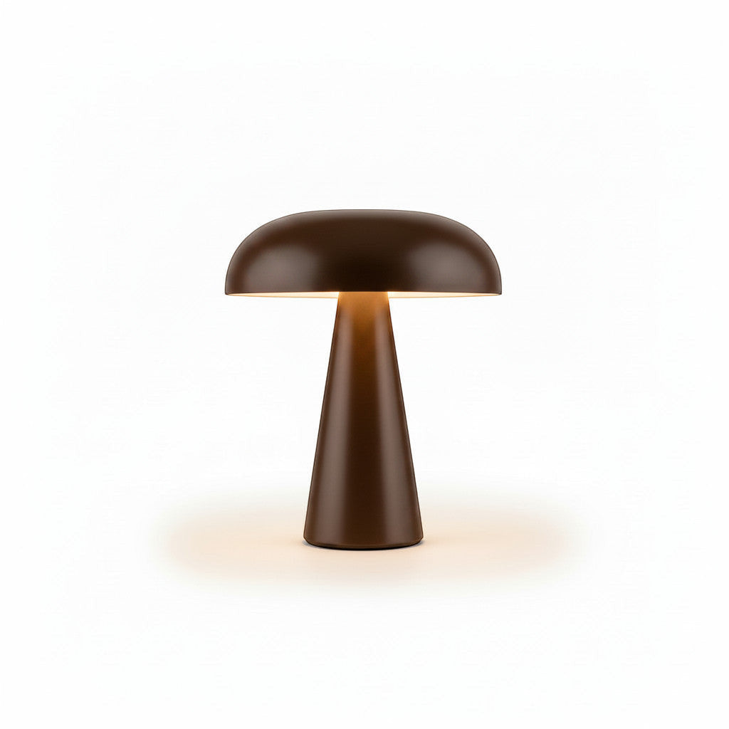 Lysverden mushroom table lamp in dark brown anodized aluminum with a touch-sensitive base, 4 color temperatures, and 3-level dimming.