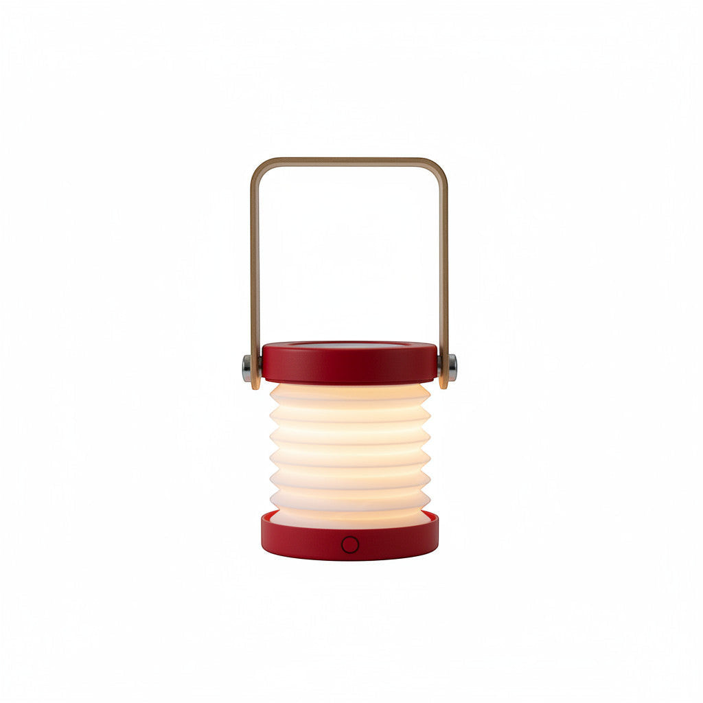 Lysverden red collapsible lantern with wood handle and accordion paper shade, touch control, dimmable, rechargeable.