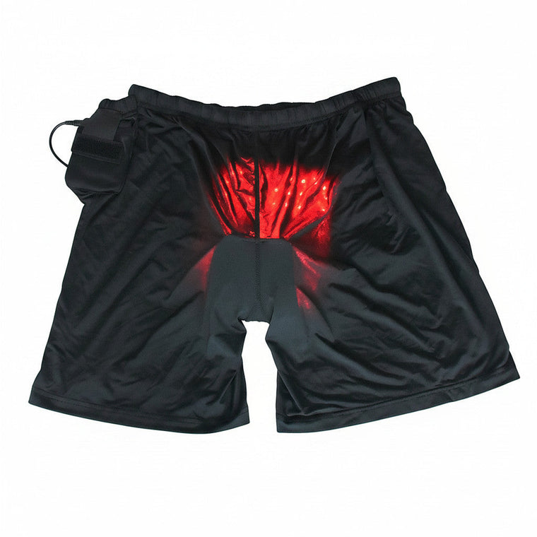 Lysverden rødlys terapishorts for intimhelse, som støtter sirkulasjon og tilheling. Sort stoff.