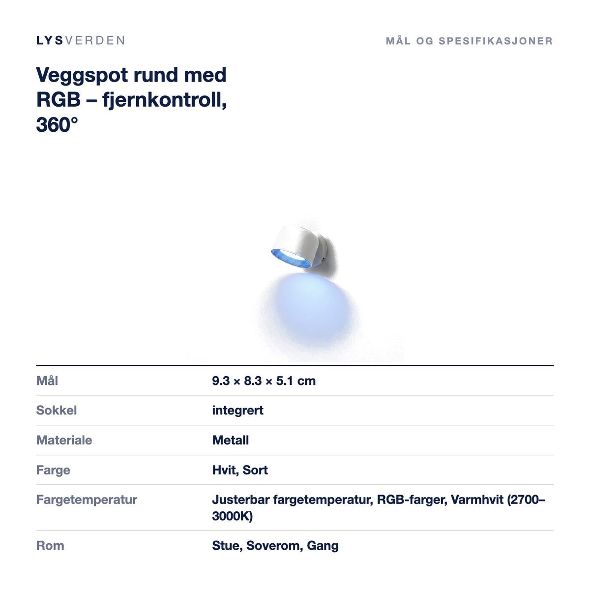 Veggspot rund med RGB – fjernkontroll, 360° – mål og spesifikasjoner