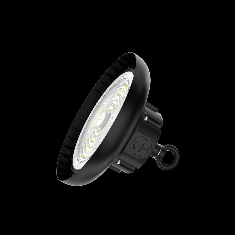Lysverden LED UFO High Bay 200W industrial light fixture, 4000K neutral white, 90° beam angle, for high ceilings.