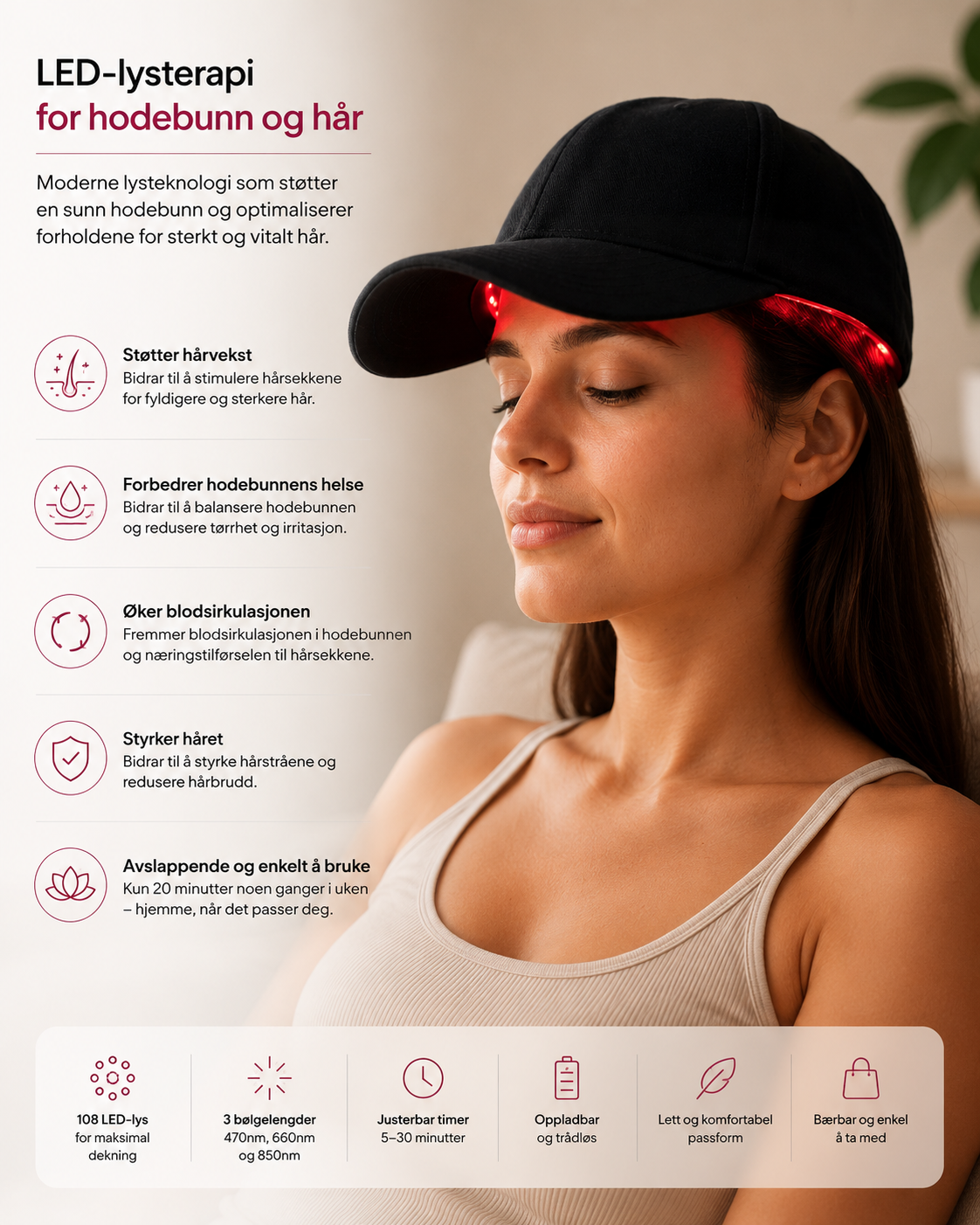 Rødlys terapi caps – Lysterapi for hodet – Red light r8W