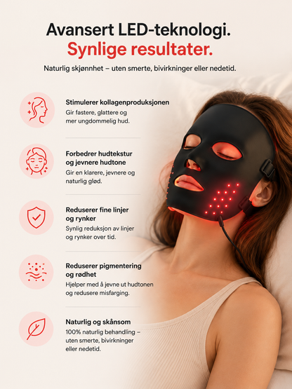 Rødlys ansiktsmaske i silikon – rødlys terapi - LED-lysmaske