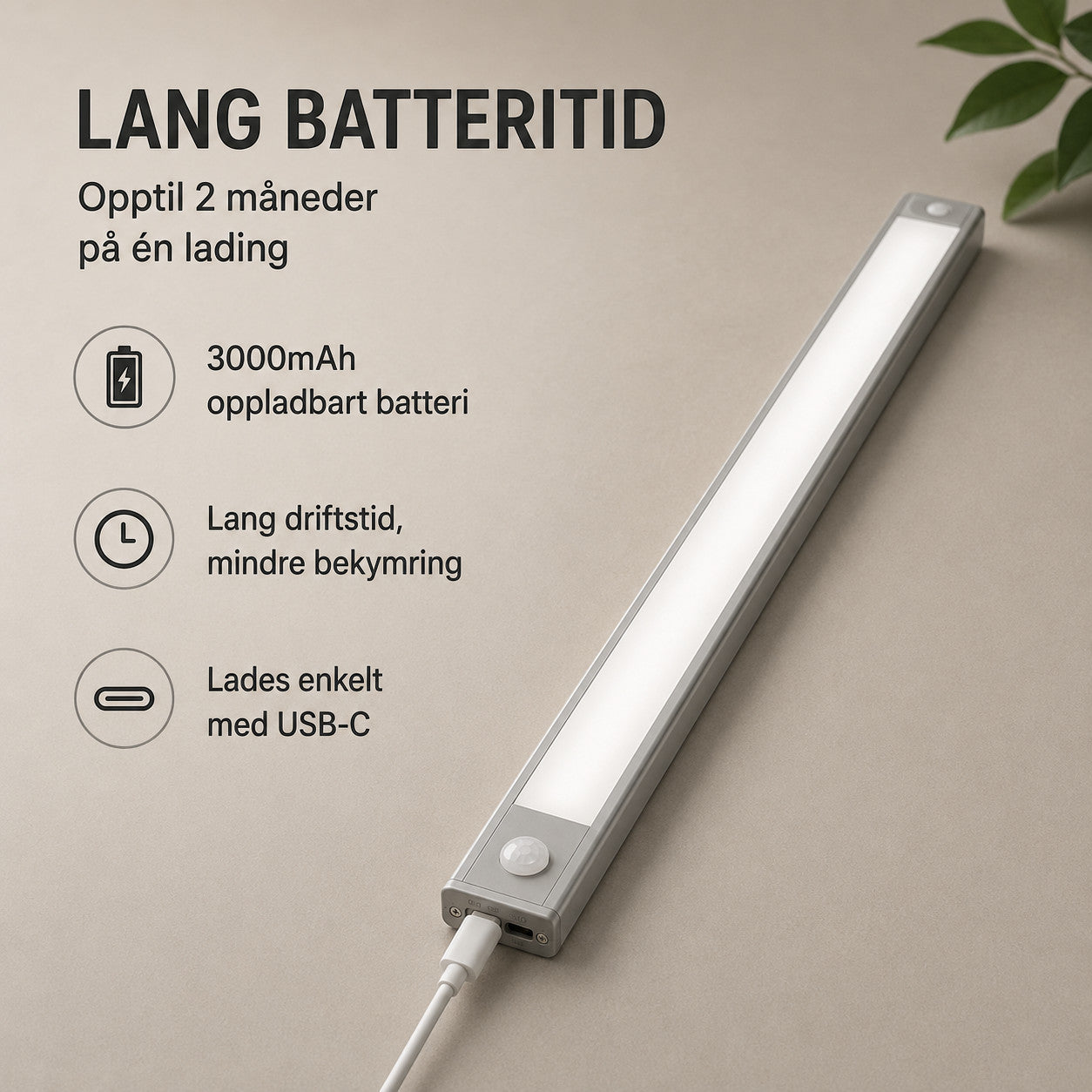LED skap-belysning med bevegelsessensor – trådløs USB-C oppladbar