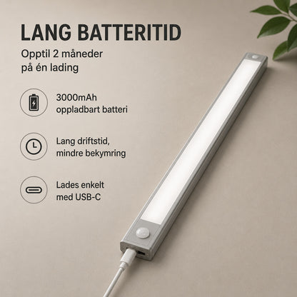 LED skap-belysning med bevegelsessensor – trådløs USB-C oppladbar