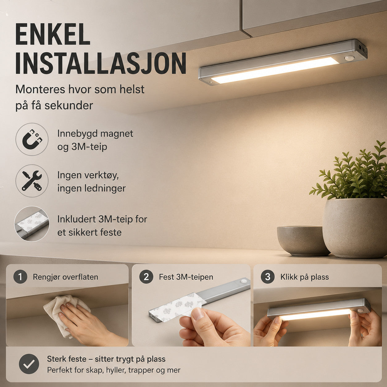 LED skap-belysning med bevegelsessensor – trådløs USB-C oppladbar