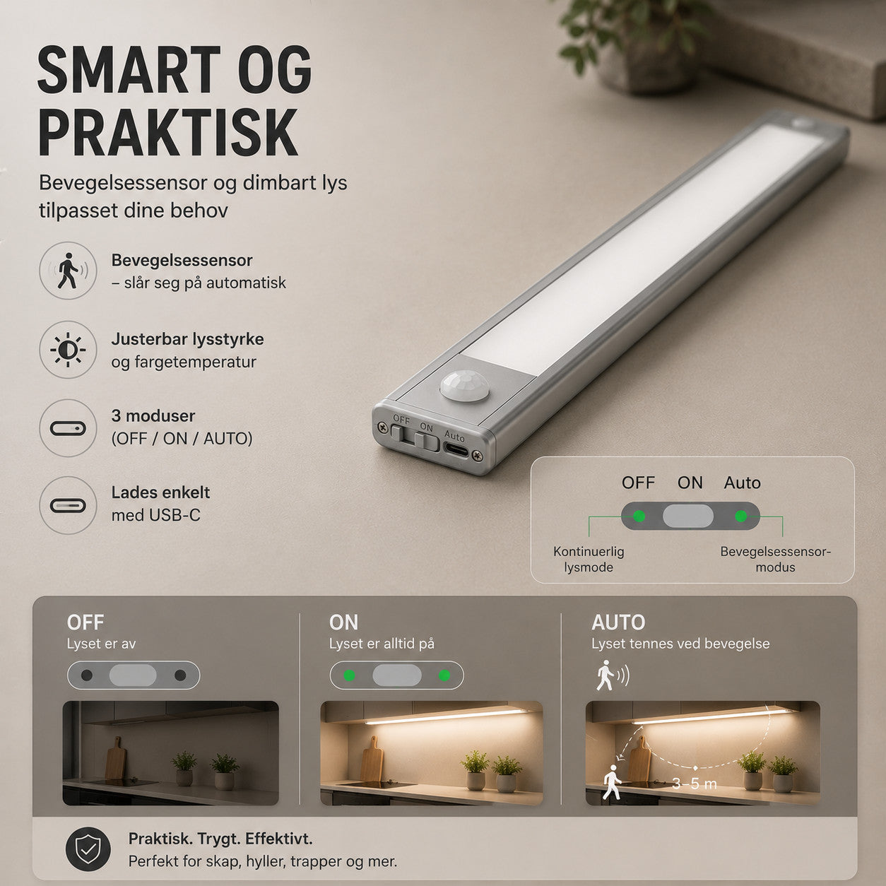LED skap-belysning med bevegelsessensor – trådløs USB-C oppladbar