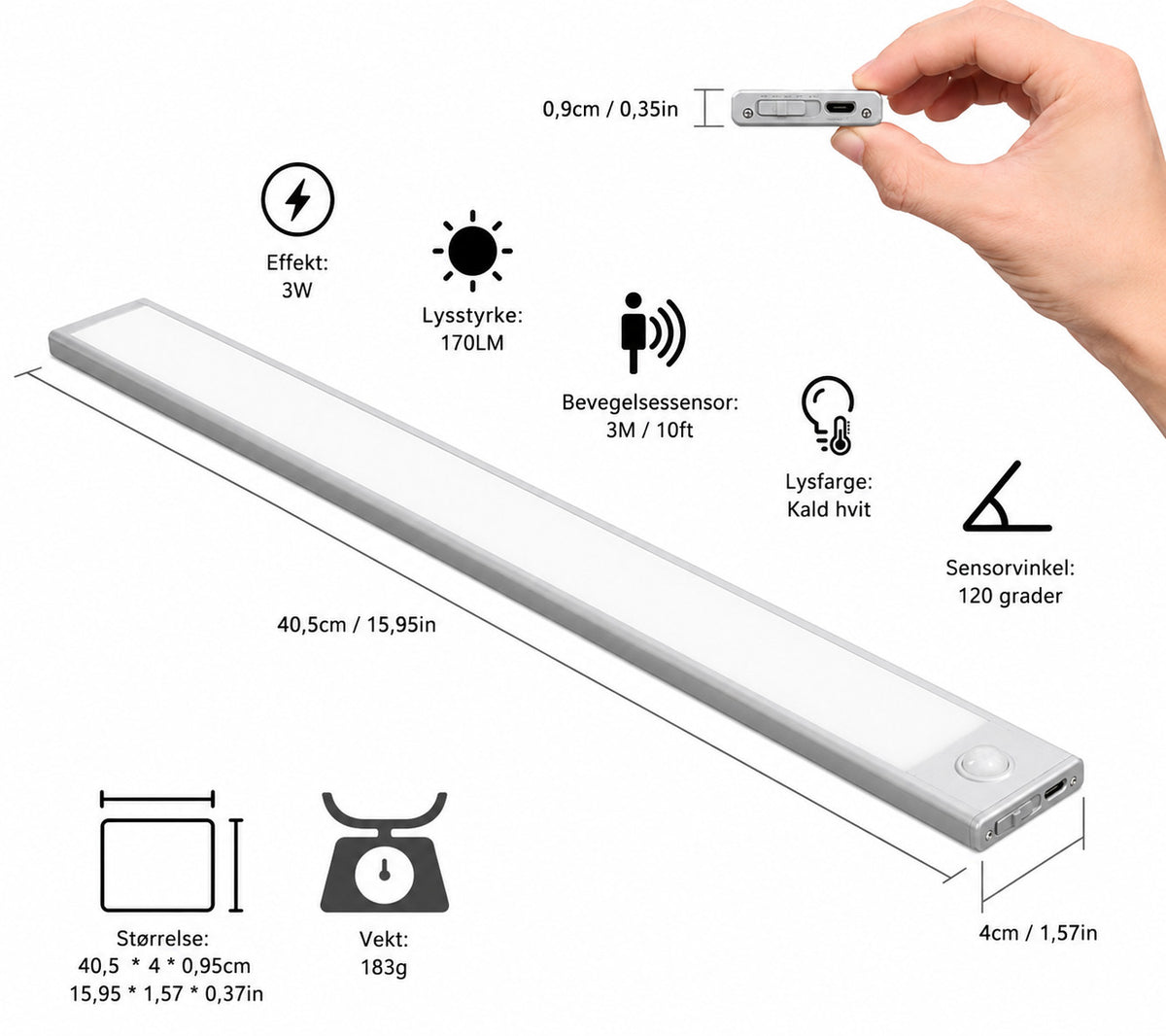 LED skap-belysning med bevegelsessensor – trådløs USB-C oppladbar