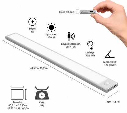 LED skap-belysning med bevegelsessensor – trådløs USB-C oppladbar