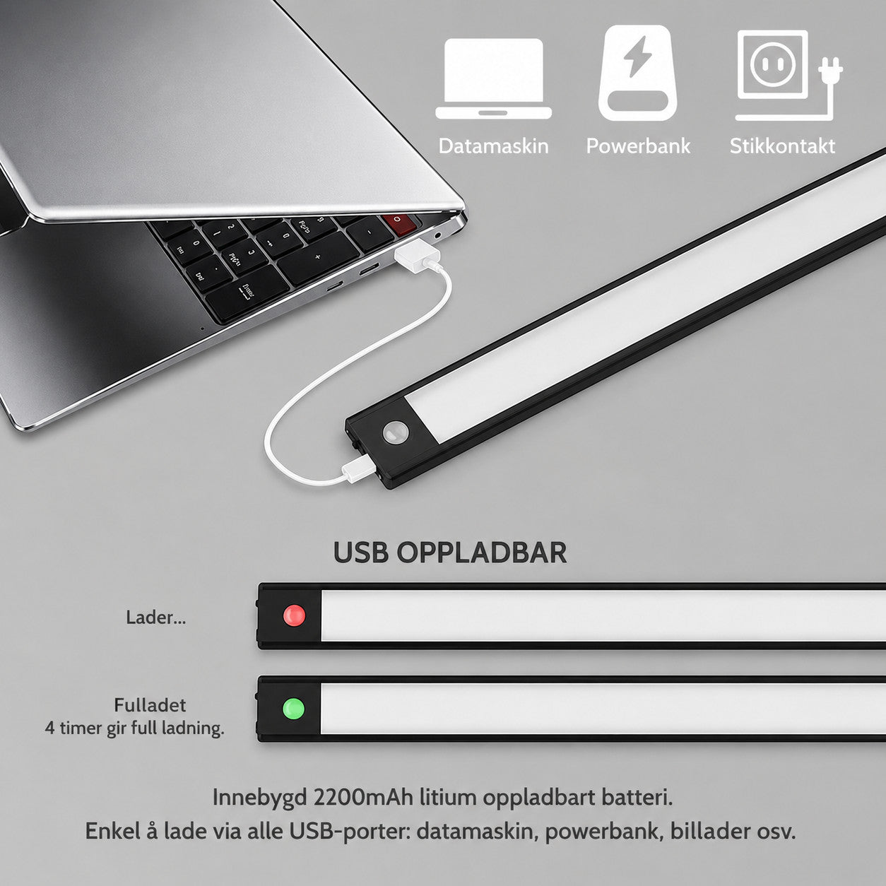 LED skap-belysning med bevegelsessensor – trådløs USB-C oppladbar