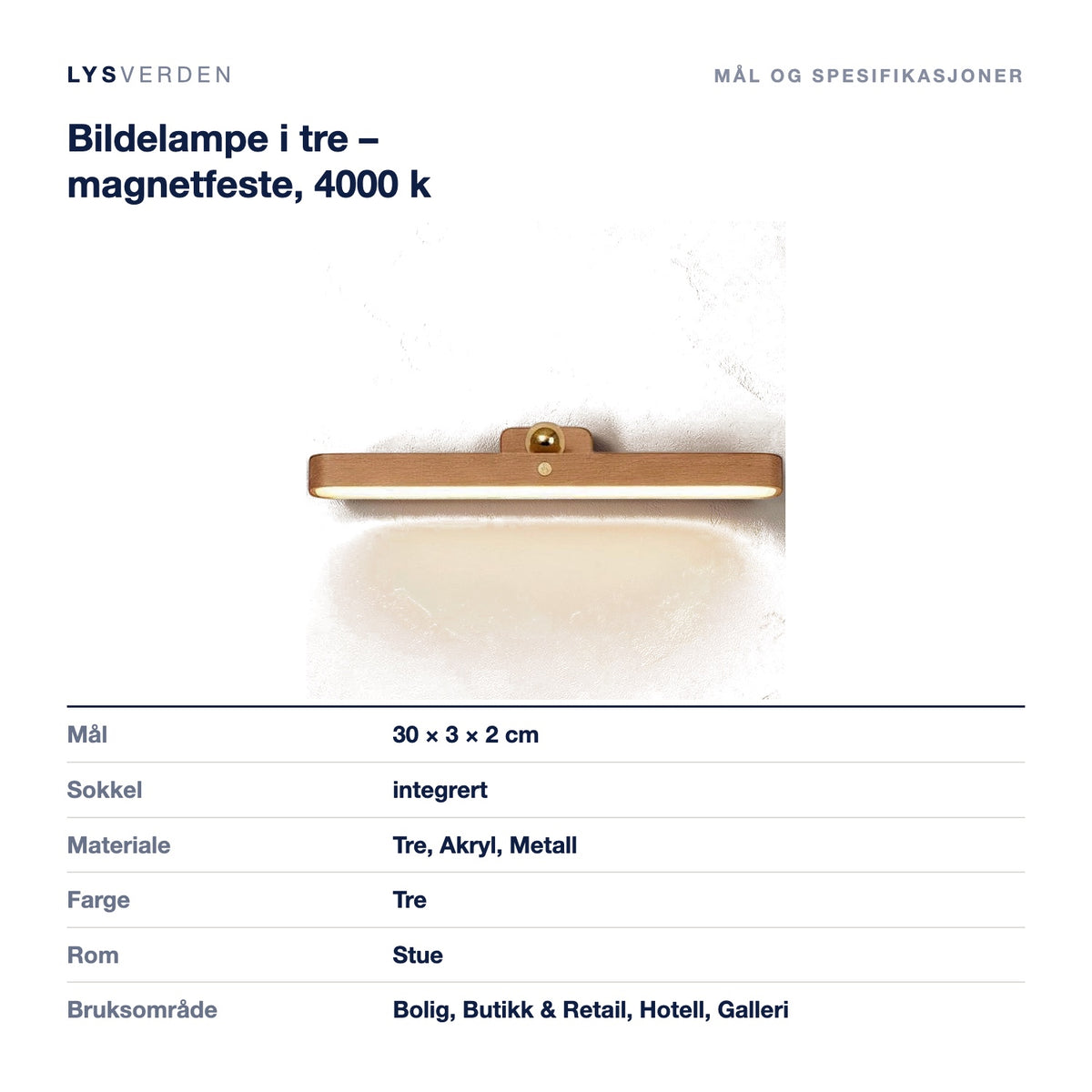 Bildelampe i tre – magnetfeste, 4000 k – mål og spesifikasjoner