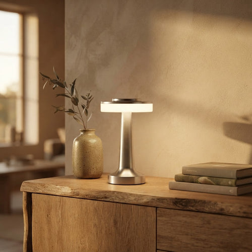 Disc-top touch-bordlampe i metall – 3 nivåer, 3 farger – tent i skandinavisk hjem