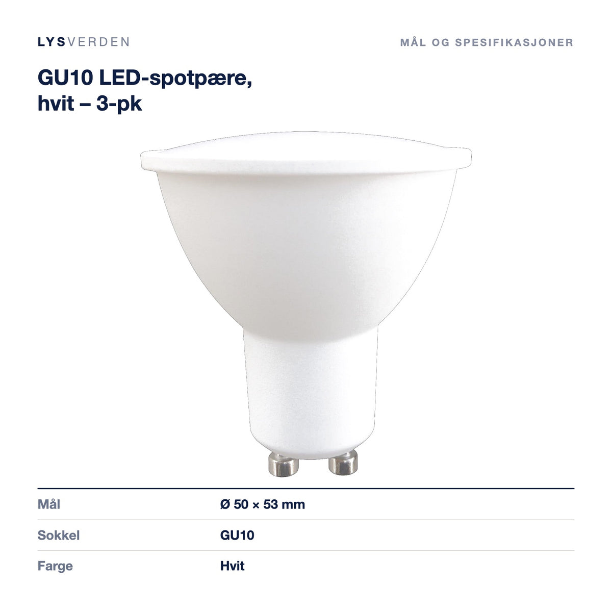 GU10 LED-spotpære, hvit – 3-pk – mål og spesifikasjoner