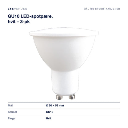 GU10 LED-spotpære, hvit – 3-pk – mål og spesifikasjoner