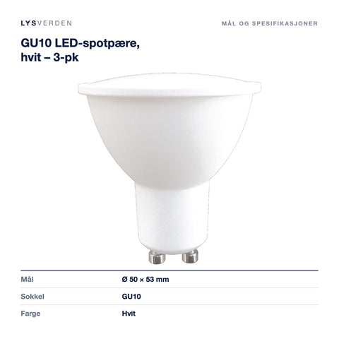 Mål og spesifikasjoner for GU10 LED-spotpære, hvit – 3-pk