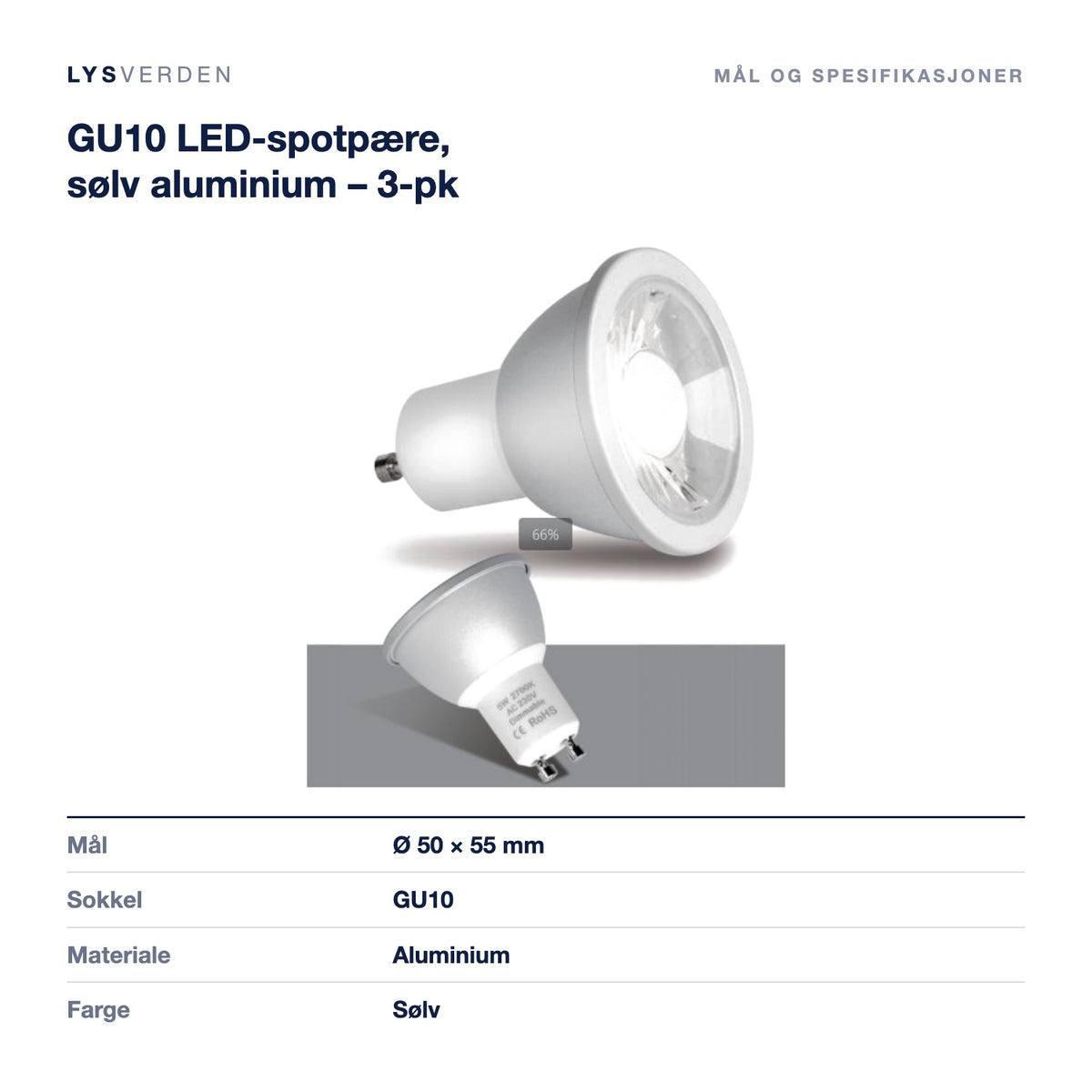 GU10 LED-spotpære, sølv aluminium – 3-pk – mål og spesifikasjoner