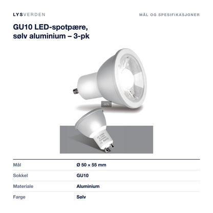 GU10 LED-spotpære, sølv aluminium – 3-pk – mål og spesifikasjoner