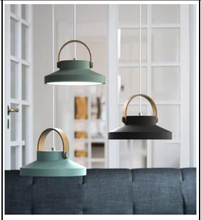 Retro pendellampe med metallkuppel og messinghank i sort, hvit og grønn