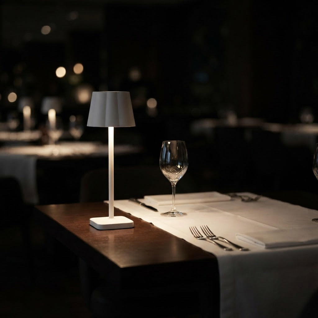 Kvadratisk restaurantlampe (større) – 5200 mAh 3000 k – tent på restaurantbord