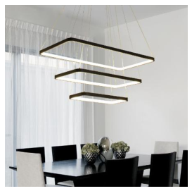 Kvadratisk LED-pendellampe med sorte lysringer over spisebord