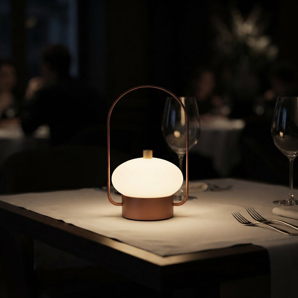 Lanterne-bordlampe i metall med håndtak – 3 lysfarger, oppladbar – tent på restaurantbord