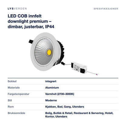 LED COB innfelt downlight premium – dimbar, justerbar, IP44 – mål og spesifikasjoner
