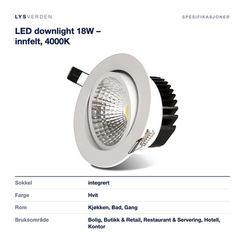 Mål og spesifikasjoner for LED downlight 18W – innfelt, 4000K