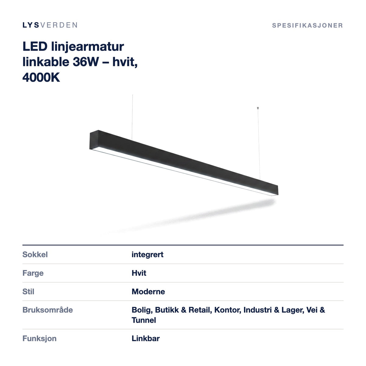 LED linjearmatur linkable 36W – hvit, 4000K – mål og spesifikasjoner