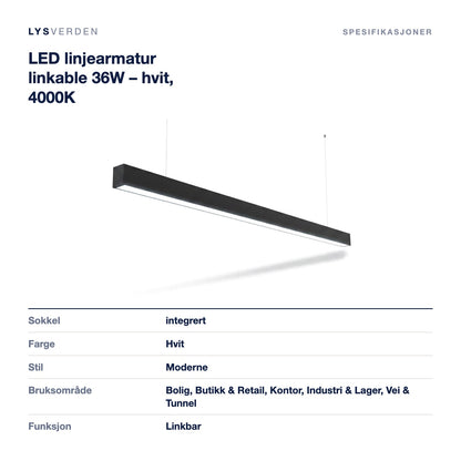 LED linjearmatur linkable 36W – hvit, 4000K – mål og spesifikasjoner