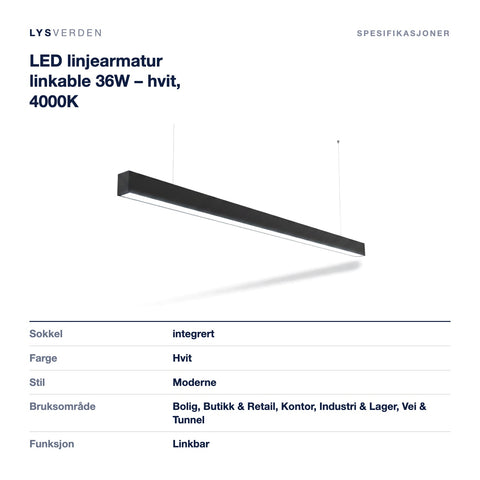 Mål og spesifikasjoner for LED linjearmatur linkable 36W – hvit, 4000K