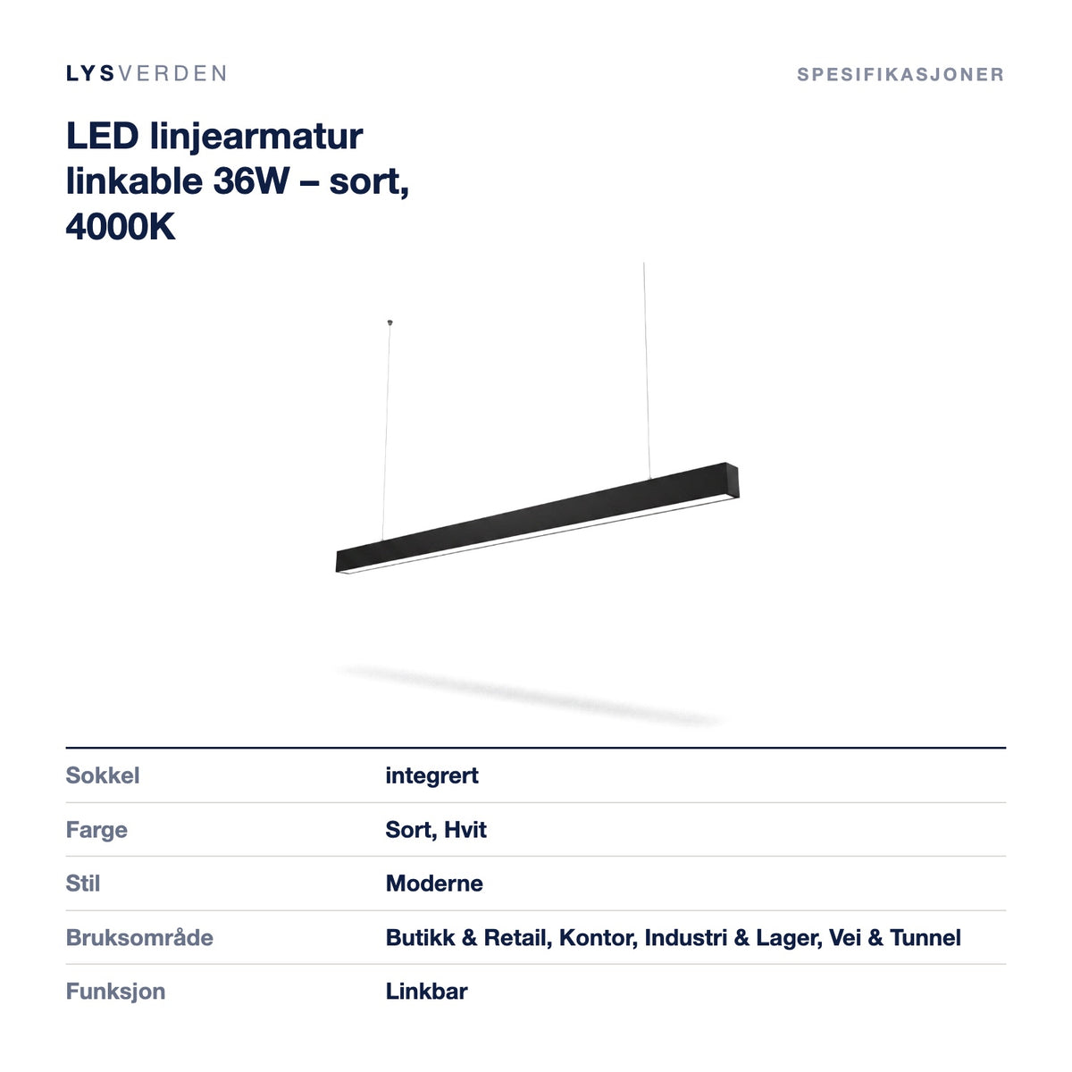 Mål og spesifikasjoner for LED linjearmatur linkable 36W – sort, 4000K