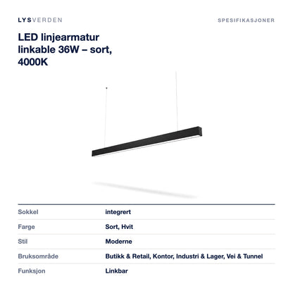 LED linjearmatur linkable 36W – sort, 4000K – mål og spesifikasjoner