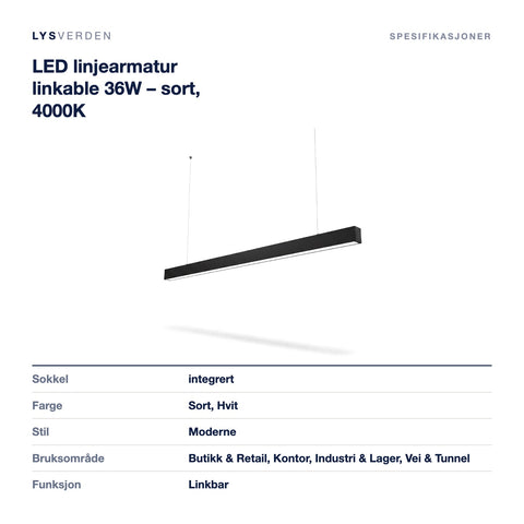 Mål og spesifikasjoner for LED linjearmatur linkable 36W – sort, 4000K