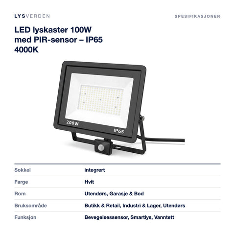 Mål og spesifikasjoner for LED lyskaster 100W med PIR-sensor – IP65 4000K