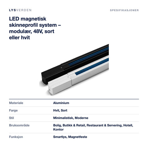Mål og spesifikasjoner for LED magnetisk skinneprofil system – modulær, 48V, sort eller hvit