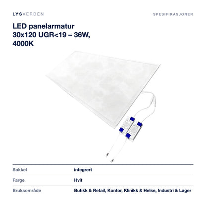 LED panelarmatur 30x120 UGR<19 – 36W, 4000K – mål og spesifikasjoner