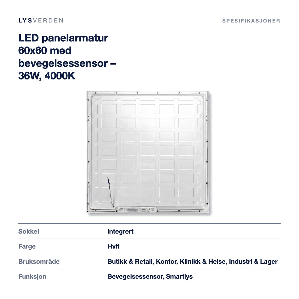 LED panelarmatur 60x60 med bevegelsessensor – 36W, 4000K – mål og spesifikasjoner