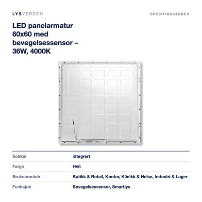 LED panelarmatur 60x60 med bevegelsessensor – 36W, 4000K – mål og spesifikasjoner