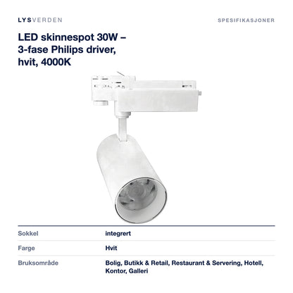 LED skinnespot 30W – 3-fase Philips driver, hvit, 4000K – mål og spesifikasjoner