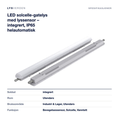 LED solcelle-gatelys med lyssensor – integrert, IP65 helautomatisk – mål og spesifikasjoner