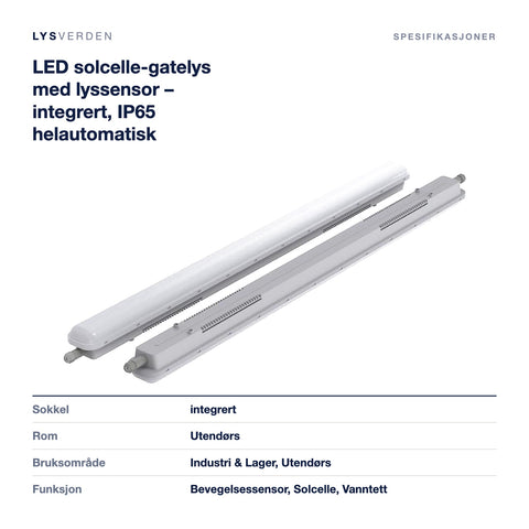 Mål og spesifikasjoner for LED solcelle-gatelys med lyssensor – integrert, IP65 helautomatisk
