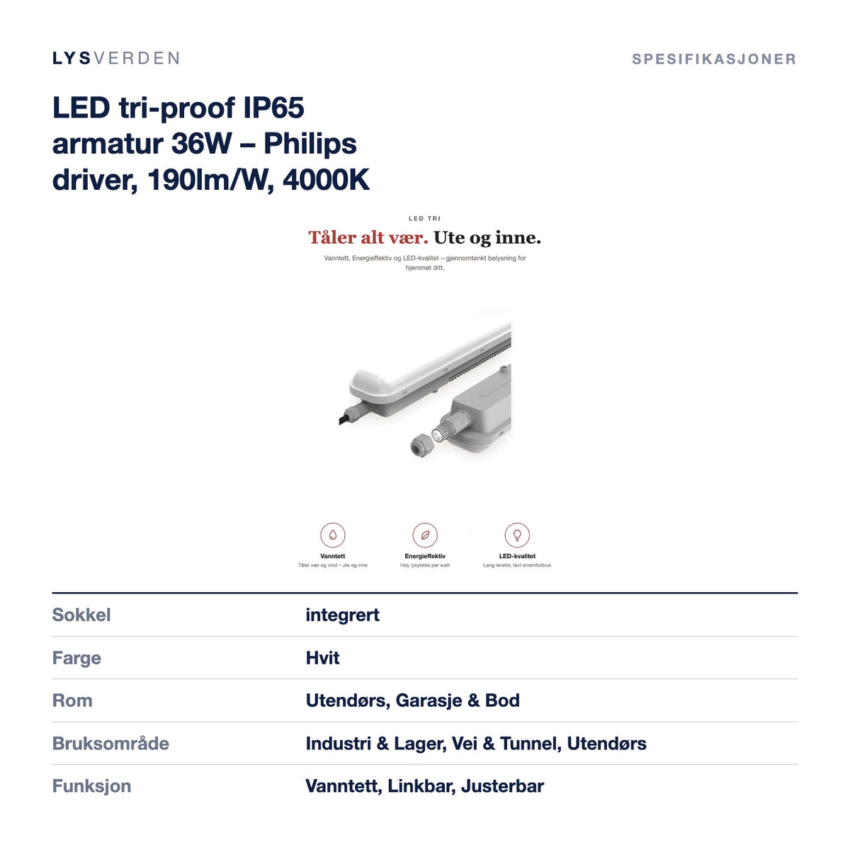 LED tri-proof IP65 armatur 36W – Philips driver, 190lm/W, 4000K – mål og spesifikasjoner