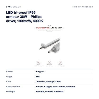 LED tri-proof IP65 armatur 36W – Philips driver, 190lm/W, 4000K – mål og spesifikasjoner