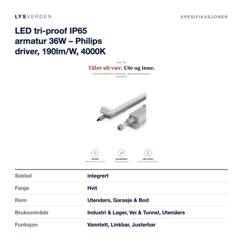 Mål og spesifikasjoner for LED tri-proof IP65 armatur 36W – Philips driver, 190lm/W, 4000K