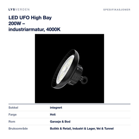 Mål og spesifikasjoner for LED UFO High Bay 200W – industriarmatur, 4000K