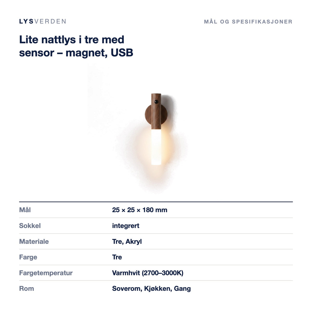 Lite nattlys i tre med sensor – magnet, USB – mål og spesifikasjoner