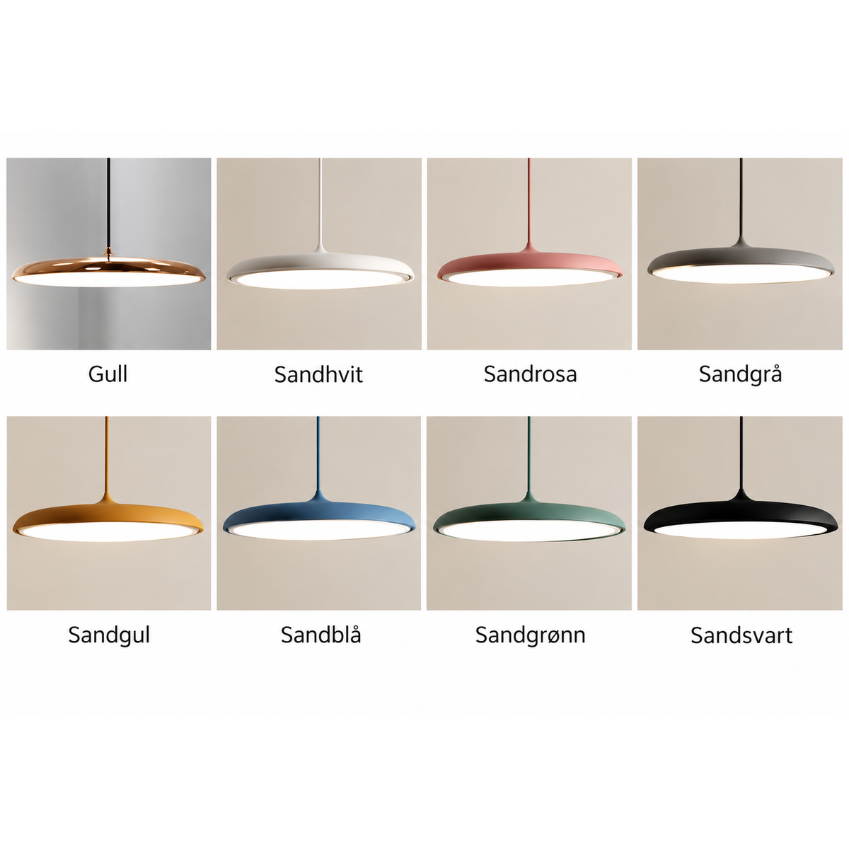 Fargekart for Skivependel – flat LED i metall: Gull, Sandhvit, Sandrosa, Sandgrå, Sandgul, Sandblå, Sandgrønn og Sandsvart